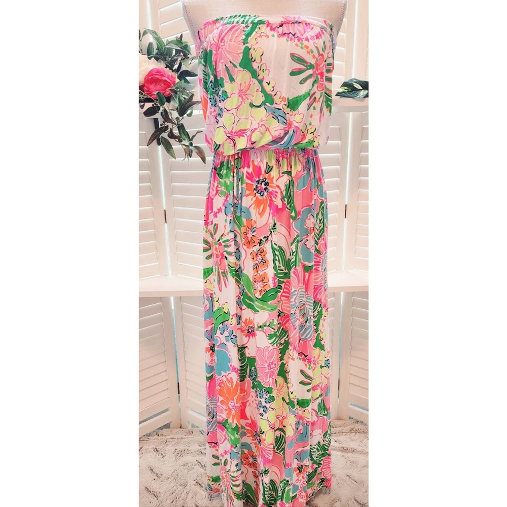 Lilly Pulitzer Strapless Tropical Floral Maxi in Pink, Green, Blue